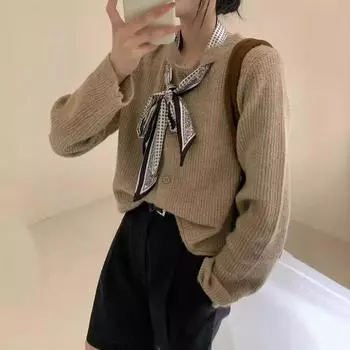 Женский осенне-зимний кардиган с круглым вырезом и ажурной вязкой one size fits all чёрный