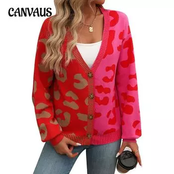 Женский осенне-зимний кардиган с леопардовым принтом и v-образным вырезом, свитер, пальто S красный