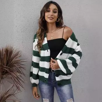 Женский осенне-зимний кардиган с яркими полосками, лоскутный тканый свитер с пуговицами S синий