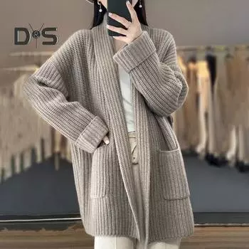 Женский осенне-зимний кардиган, свитер с открытой строчкой, вязаные карманы с лацканами, свободные толстые, теплые, мягкие, эластичные с длинным рукавом, плюс размер, женское пальто средней длины, куртка верблюд