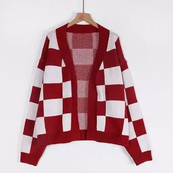 Женский осенне-зимний клетчатый кардиган большого размера S бордовый