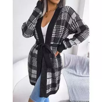 Женский осенне-зимний клетчатый повседневный кардиган на шнуровке с рукавами-фонариками S хаки