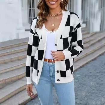 Женский осенне-зимний клетчатый свитер большого размера с плетением S чёрный