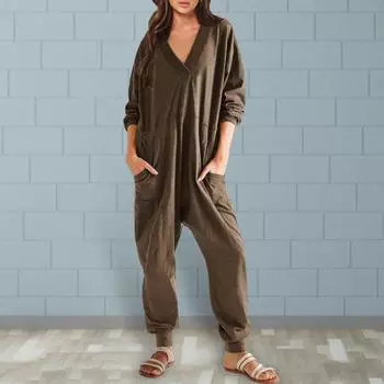 Женский осенне-зимний комбинезон с v-образным вырезом и длинными рукавами, свободная однотонная пижама большого размера с карманами и глубоким шаговым швом, мягкая женская пижама с ремешками на щиколотке S серый