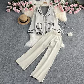 Женский осенне-зимний комплект из двух предметов, трикотажные брюки с принтом, женская уличная одежда, кардиган с длинными рукавами и v-образным вырезом + широкие брюки One Size зелёный