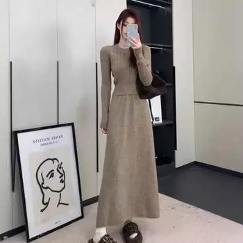 Женский осенне-зимний комплект из двух предметов с круглым вырезом и длинными рукавами, пуловер, джемпер, полуоблегающая юбка One Size темно-коричневого