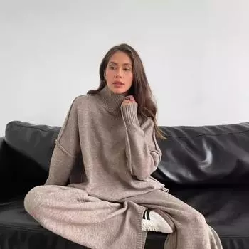 Женский осенне-зимний комплект из свитера с высоким воротом и трикотажных брюк S темно-серого