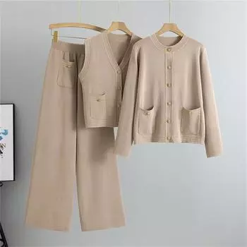 Женский осенне-зимний комплект из трех предметов: брюки с широкими штанинами, жилет-свитер, вязаный кардиган. One Size хаки