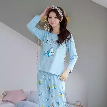 Женский осенне-зимний комплект пижамы с длинными рукавами и рисунком 2024 года, новый комплект с круглым вырезом и милым однотонным пуловером, одежда для сна M