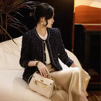 Женский осенне-зимний короткий женский твидовый пиджак в стиле ретро, универсальные темно-синие пиджаки с круглым вырезом S