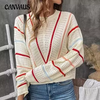 Женский осенне-зимний красочный полосатый свитер с круглым вырезом, вязаный свитер S абрикосовый