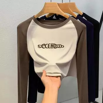 Женский осенне-зимний круглый вырез, контрастные цвета, длинный рукав, тонкий прошитый топ S темно-синий