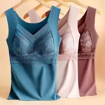 Женский осенне-зимний кружевной бархатный терможилет, женское утепленное термобелье с фиксированной чашкой и вышивкой, с тонким дном L чёрный