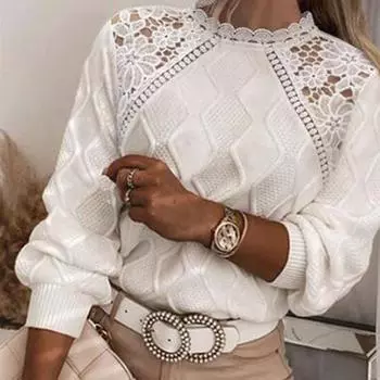 Женский осенне-зимний кружевной свитер с открытыми плечами Temperament Slim Fit Knit Sweater S белый