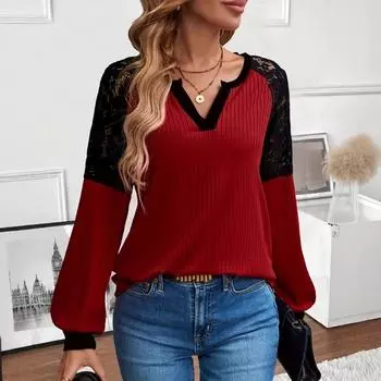 Женский осенне-зимний кружевной топ с длинными рукавами и V-образным вырезом S красный