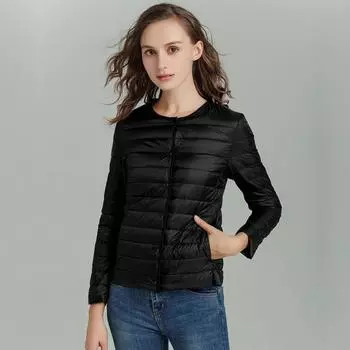 Женский осенне-зимний легкий белый пуховик с подкладкой и круглым вырезом, тонкое теплое пальто на пуговицах с длинными рукавами M-4XL M чёрный