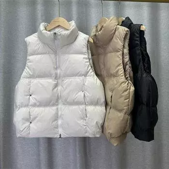 Женский осенне-зимний легкий терможилет без рукавов с воротником-стойкой, белая куртка на утином пуху с карманом-заклепкой S бежевый