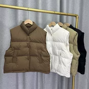 Женский осенне-зимний легкий терможилет без рукавов с воротником-стойкой, однобортный белый пуховик на утином пуху One Size бежевый