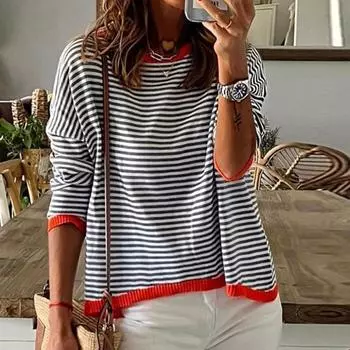 Женский осенне-зимний легкий вязаный свитер с круглым вырезом и длинными рукавами в полоску контрастного цвета, повседневный вязаный пуловер, топы S белый