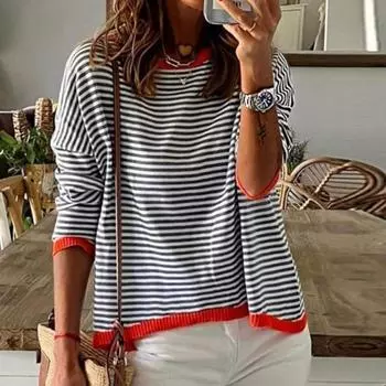 Женский осенне-зимний легкий вязаный свитер с круглым вырезом и длинными рукавами в полоску контрастного цвета, повседневный вязаный пуловер, топы S белый