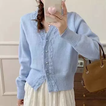 Женский осенне-зимний милый вязаный кардиган с V-образным вырезом и кружевом average size