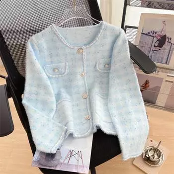 Женский осенне-зимний милый вязаный кардиган с круглым вырезом average size бежевый