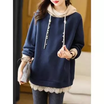 Женский осенне-зимний модный элегантный пуловер с капюшоном и длинными рукавами, повседневный универсальный топ в западном стиле для поездок на работу XXXXL темно-синий