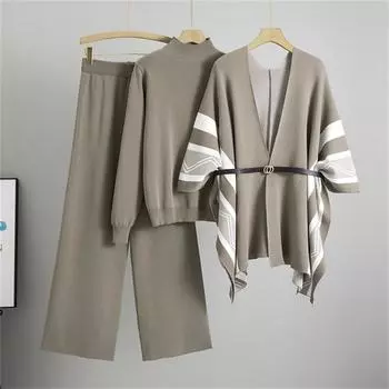 Женский осенне-зимний модный комплект из трех предметов Свободный повседневный вязаный кардиган-шаль Свитер с высоким воротником Брюки с широкими штанинами One Size верблюд