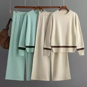 Женский осенне-зимний модный костюм большого размера, рубашка + брюки, повседневные брюки с круглым вырезом, длинными рукавами и разрезами, цветные повседневные брюки с высокой талией one size