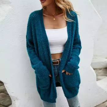 Женский осенне-зимний модный однотонный вязаный кардиган с цветными блоками, свитер, пальто, осенне-зимнее пальто с длинными рукавами, кардиган S синий