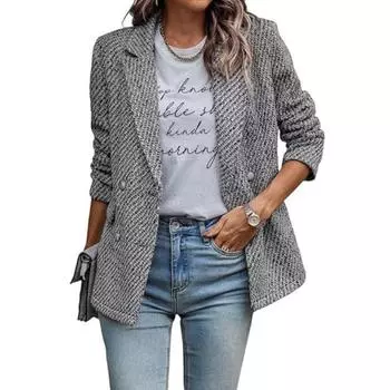 Женский осенне-зимний модный повседневный клетчатый костюм с отворотом, двубортный костюм, пригородное пальто XXL чёрный