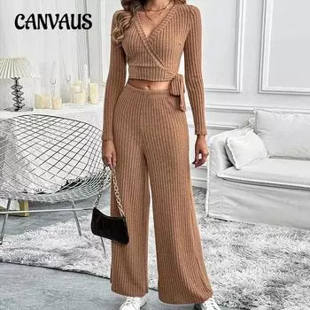 Женский осенне-зимний модный повседневный однотонный трикотажный брючный костюм с длинными рукавами S кофейный/коричневый