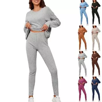 Женский осенне-зимний модный повседневный темпераментный свободный трикотажный комплект из двух предметов с круглым вырезом в полоску L бежевый