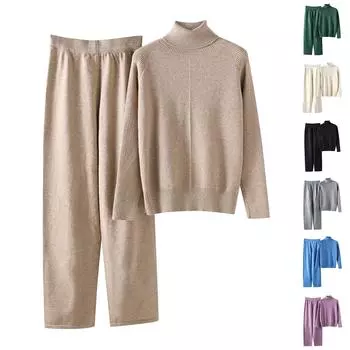 Женский осенне-зимний модный повседневный вязаный свитер с широкими брюками, комплект One Size хаки