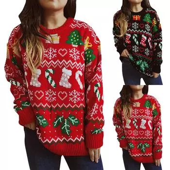 Женский осенне-зимний модный рождественский свитер с круглым вырезом и длинным рукавом L красный