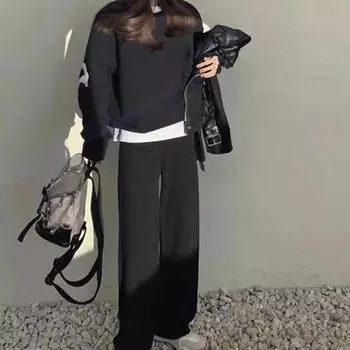 Женский осенне-зимний модный свитер из 2 предметов, универсальный вязаный свитер с цветным принтом и буквами, свободные широкие брюки S серый