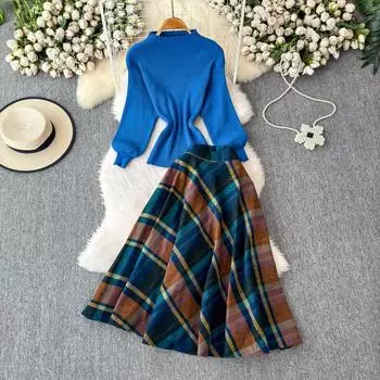 Женский осенне-зимний модный свитер с длинными рукавами, пуловер, топы, клетчатая шерстяная юбка, комплект из двух предметов M