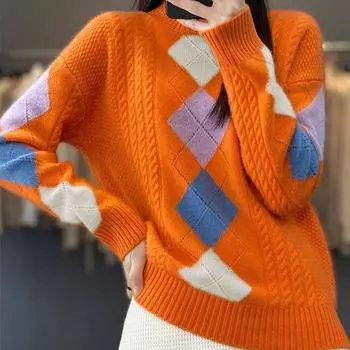 Женский осенне-зимний модный свитер жаккардового дизайна, свободный женский полувысокий воротник, длинный рукав, трикотажный топ для женщин S чёрный