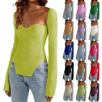 Женский осенне-зимний модный тонкий эластичный трикотажный свитер без бретелек L чёрный