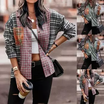 Женский осенне-зимний модный топ в клетку с карманами и длинными рукавами с принтом S розовый