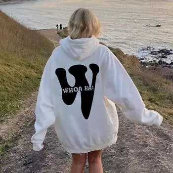 Женский осенне-зимний новый дизайн Sense M из пенопласта, свитер с капюшоном большого размера с надписью, свободная брендовая толстовка с капюшоном, модная одежда для женщин S чёрный