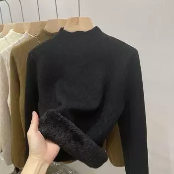 Женский осенне-зимний новый модный кашемировый пуловер с низом, теплый толстый бархат, удобные пуловеры с круглым вырезом S хаки