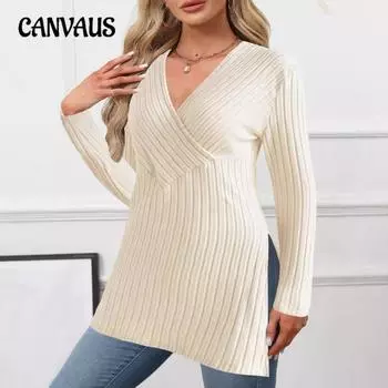 Женский осенне-зимний новый однотонный повседневный домашний топ с длинными рукавами и V-образным вырезом в полоску S чёрный