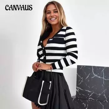 Женский осенне-зимний новый полосатый длинный рукав V-образный вырез элегантный топ S чёрный