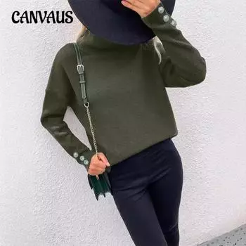 Женский осенне-зимний новый полосатый свитер с высоким воротником и пуговицами, однотонный повседневный свободный свитер S чёрный