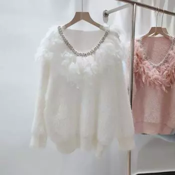 Женский осенне-зимний новый пуловер свободного кроя с V-образным вырезом из норки с длинными рукавами One size fits all белый