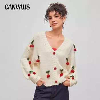 Женский осенне-зимний новый сладкий и пряный стиль V-образный вырез шерстяной вязаный кардиган свободный тренд украшение в виде вишен однобортный шерстяной вязаный топ S абрикосовый
