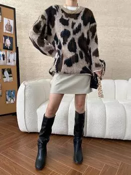 Женский осенне-зимний новый свитер с имитацией животного узора, длинный рукав, вязаный свитер средней длины S серый