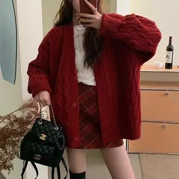 Женский осенне-зимний новый толстый свободный вязаный свитер с V-образным вырезом в стиле ленивой вязки One size