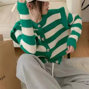 Женский осенне-зимний новый вязаный кардиган с рюшами, свободный полосатый теплый мягкий свитер, джемпер, пальто One Size зелёный